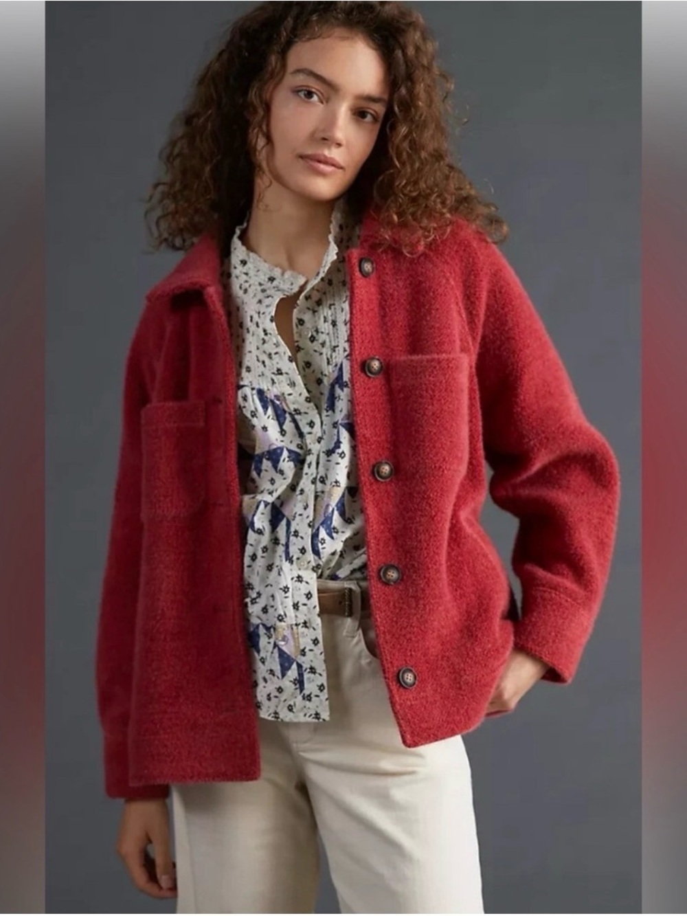 Anthropology Greylin Red Teddy Jacket Button Front Pockets